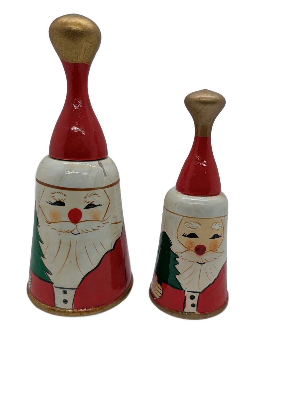 Wooden Santa Claus Hand Bells Set of 2 Hand Painted Christmas Decor